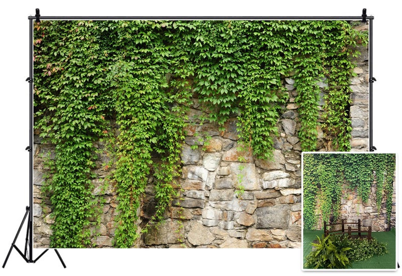 Leyiyi 7x5ft Spring Garden Leaves Backdrop Gardening Plants Grunge Stone Wall Greenery Banner Vane Branch Covered Vintage Architecture Photo Background Wedding Kids Birthday Photo Studio Vinyl Prop - Image 1
